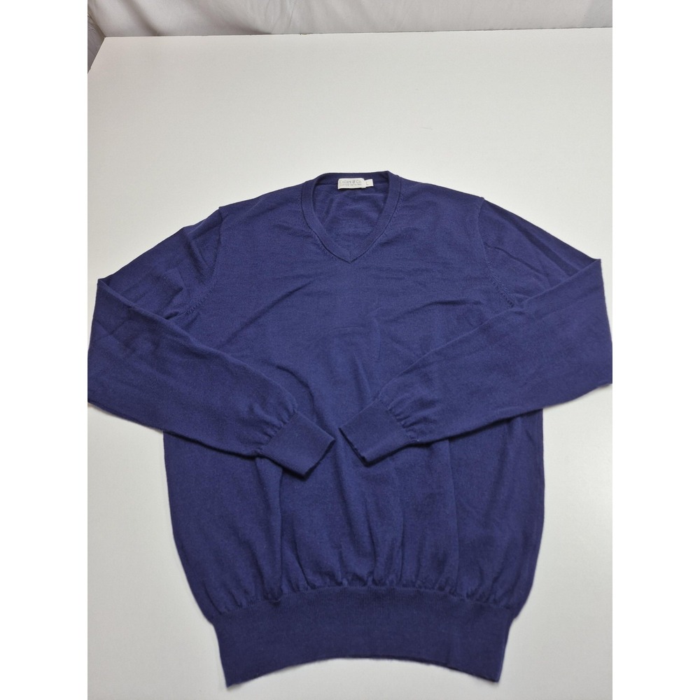 Collars & Co. Sweater Mens Large Blue Merino Wool V Neck Pullover Knit